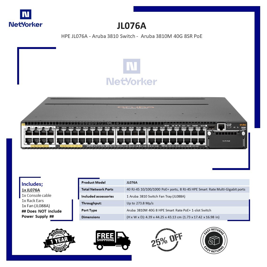 HP / Aruba JL076A  3810M 40G 8 HPE Smart Rate PoE+ 1-Slot Switch-Same Day Shipp