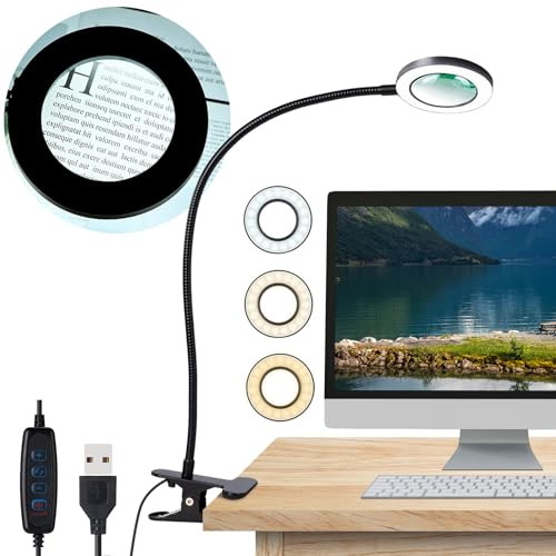 Desk Magnifying Glass with Light 10x, Clip on Desk Light with 3 Light Color, 