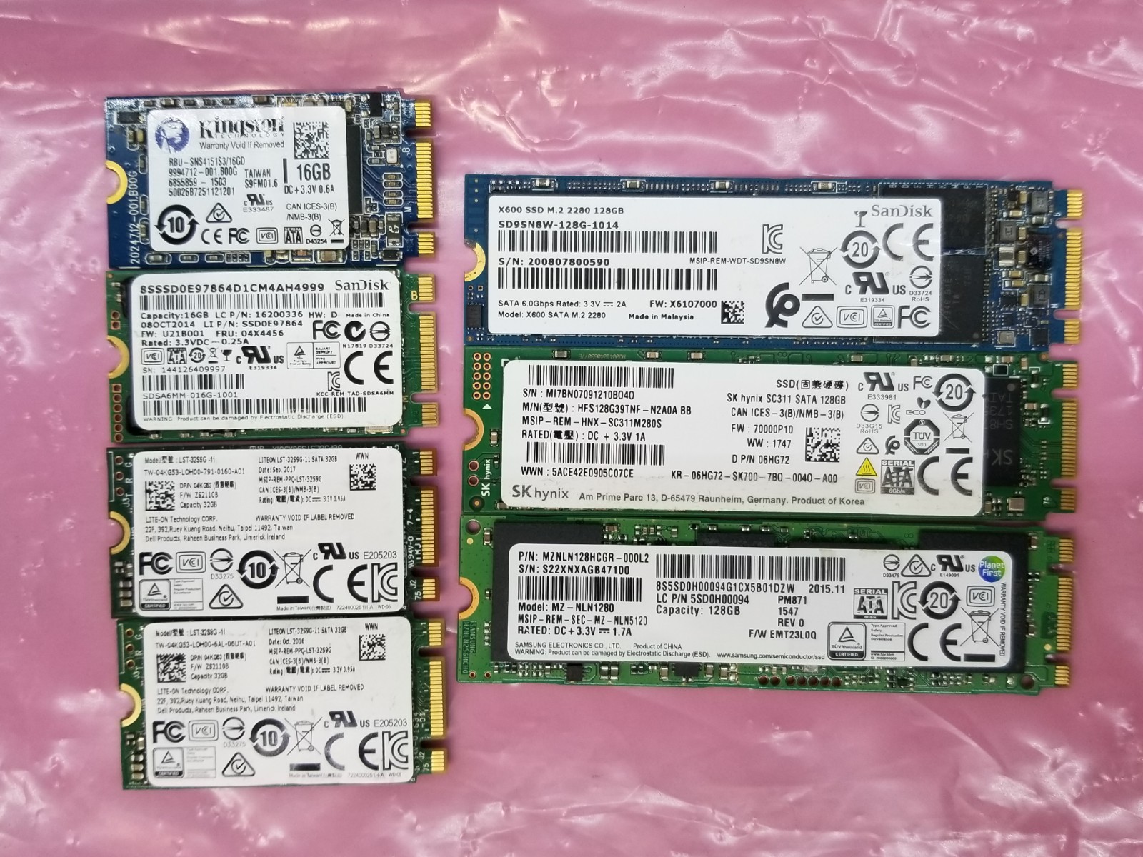 Mixed Lot of 7 Various 16GB 32GB 128GB M.2 2242/2280 SATA SSD Solid State Drives