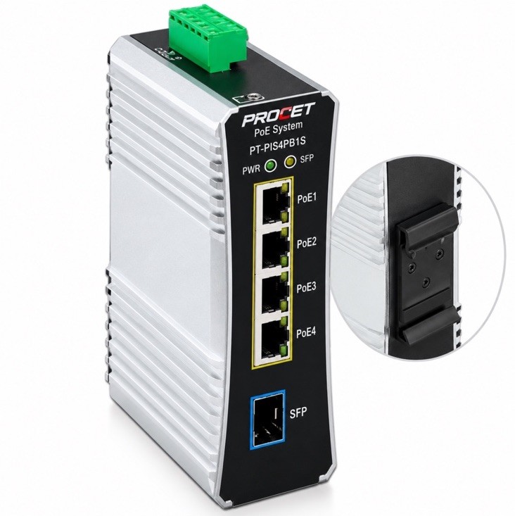 PROCET PT-PIS4PB1S 4-Port Gigabit PoE++ Industrial DIN Rail Switch 90W SFP