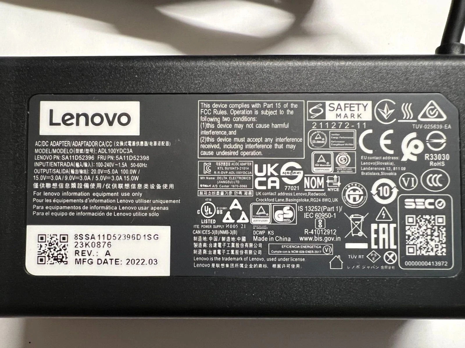 NEW Genuine Lenovo 100W 20V 5A USB-C Charger AC Adapter ADL100YDC3A 5A11D52398