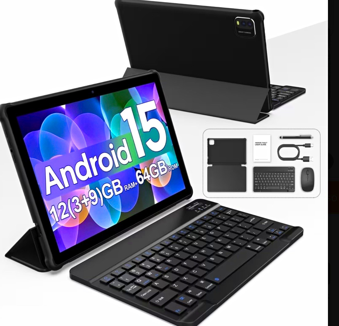Android 15 10in Tablet 12GB RAM 64GB Storage Wi-Fi + 5G Black w/ Keyboard