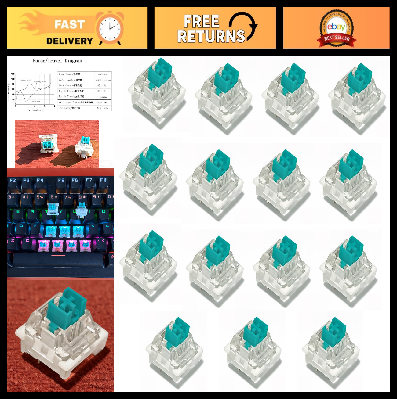 48PCS Green Dustproof Replacement Switches, Pre-Lubed 3pin Clicky for Gaming Key