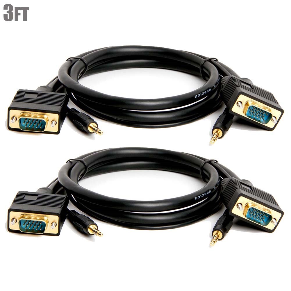2x 3ft SVGA VGA 15Pin Male to Male M/M PC Monitor Cable HD TV w/ 3.5mm Audio
