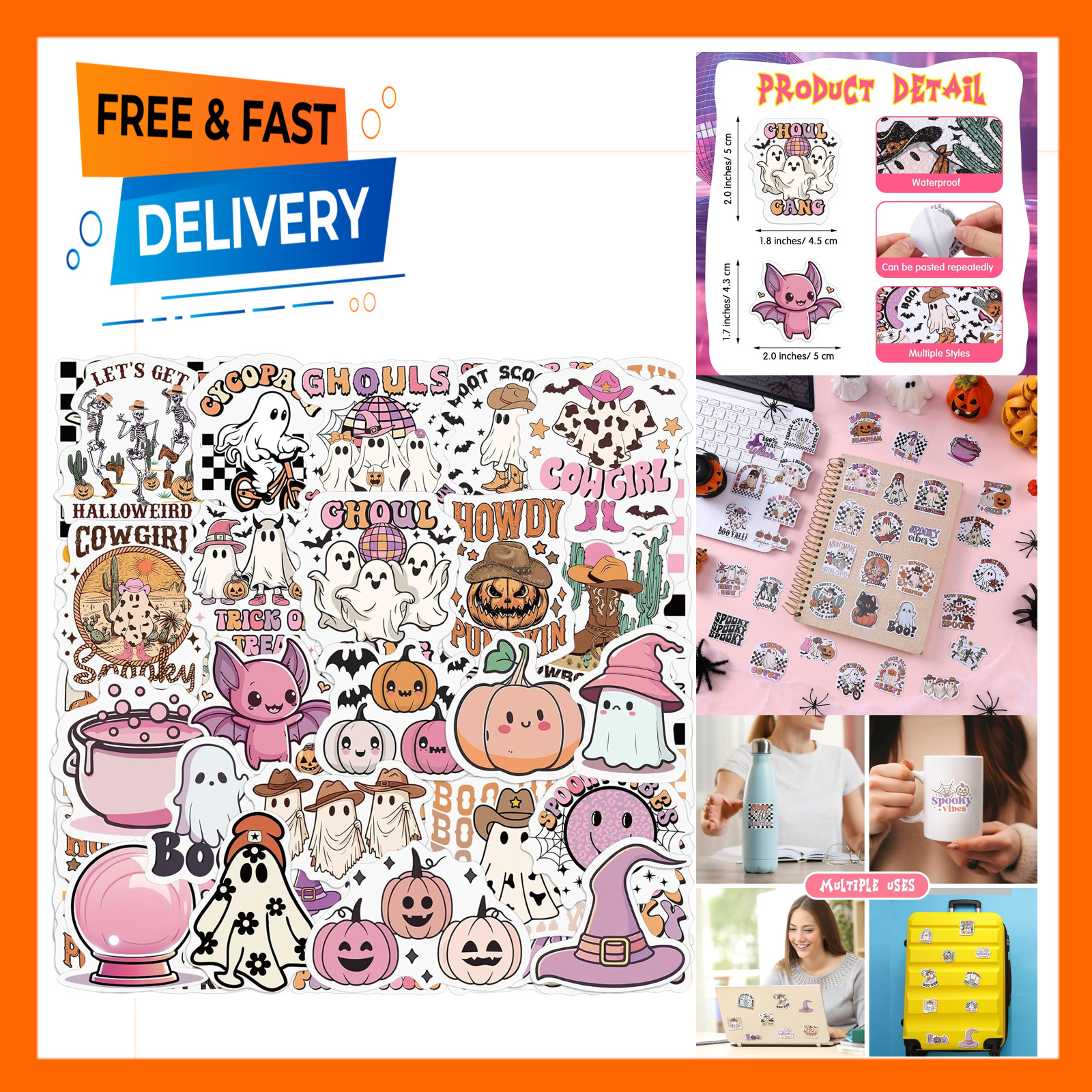 Halloween Ghost Stickers 200 Pack Waterproof Decals 100 Styles for Laptops Bags