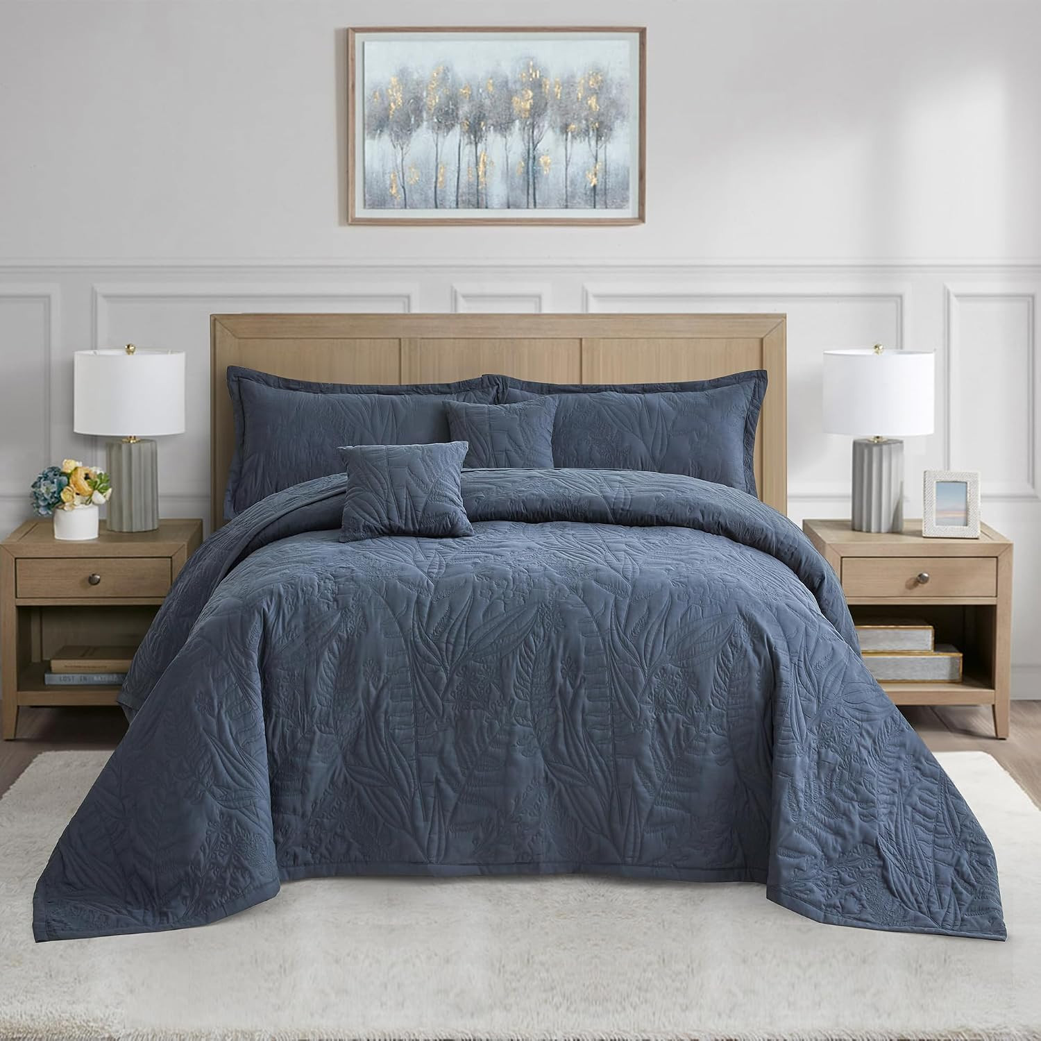 Oversized King Bedspreads 128X120, Botanical, Navy