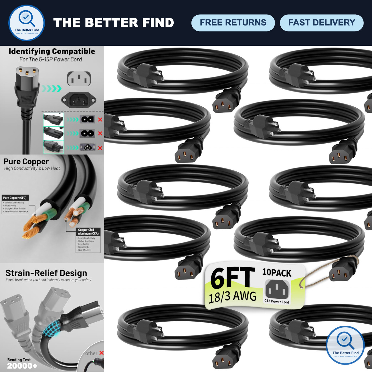Universal 6ft Power Cord 10 Pack, 3-Prong Pure Copper, ETL Certified, Black