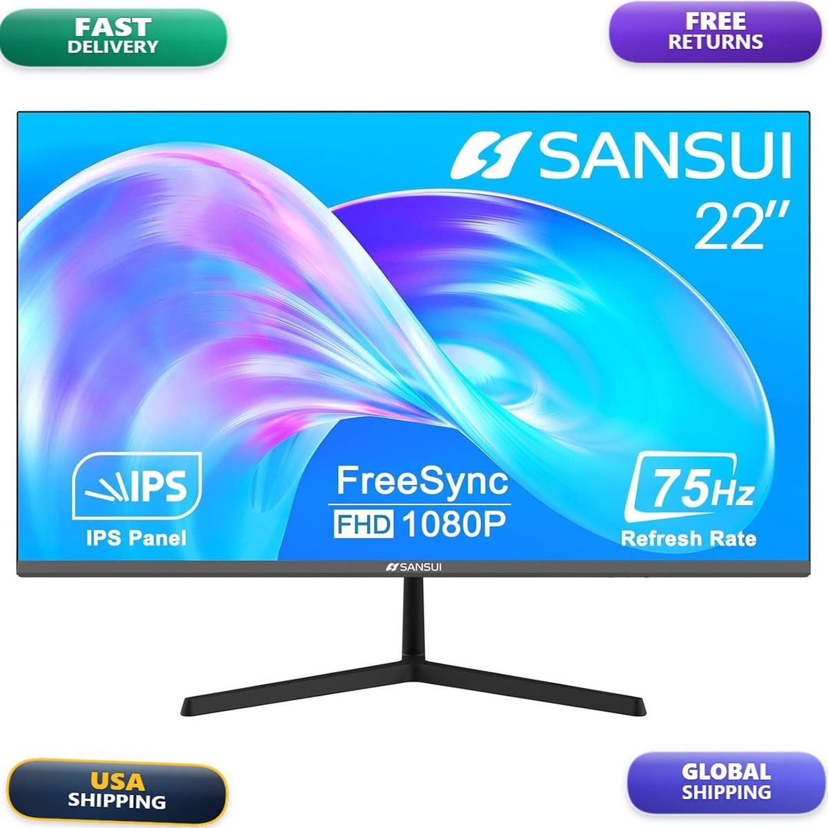 SANSUI 22 inch IPS FHD 1080P 75Hz Monitor HDMI VGA ES-22X3