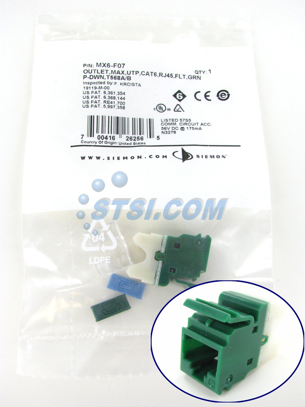 Siemon MX6-F07 Cat6 RJ45 Flat Modular Jack, Green ~STSI