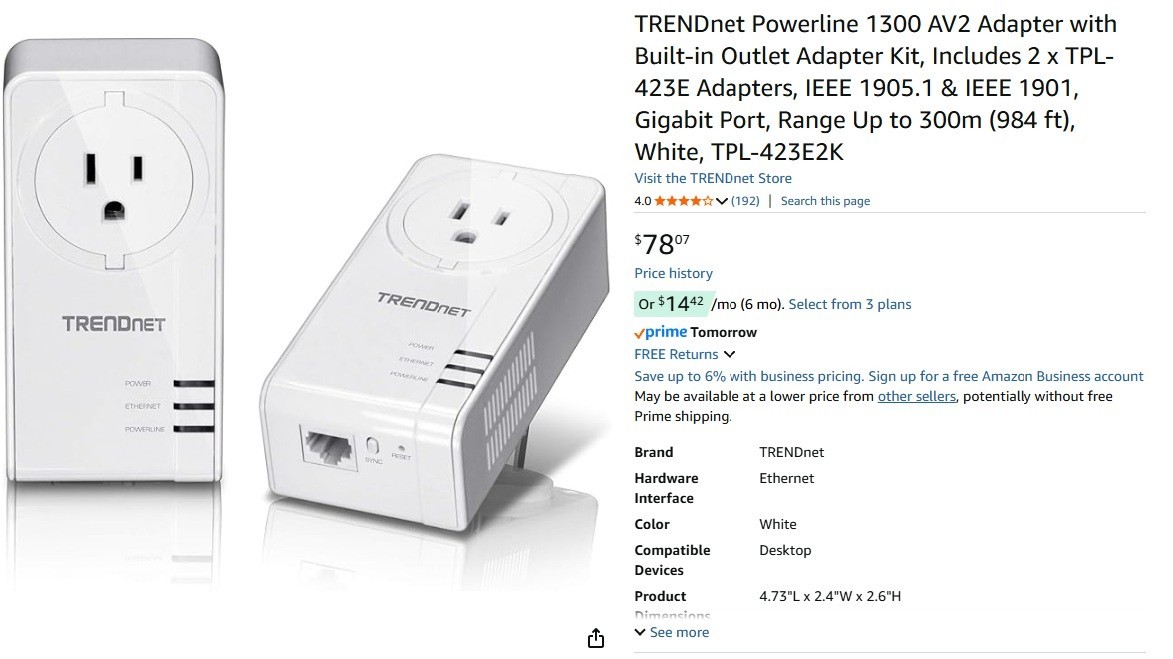TRENDnet Powerline Adapter  TPL-423E2K  1300 AV2 Kit with Built In Outlet