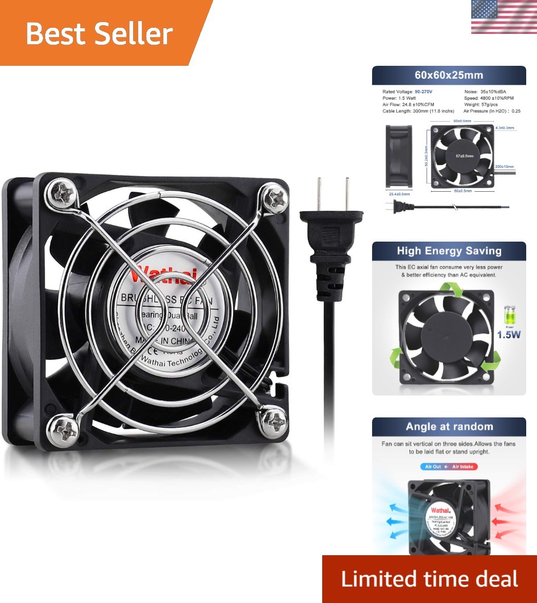 Compact 60x25mm EC Brushless Fan with Dual Ball Bearings, Low Noise 35dBA