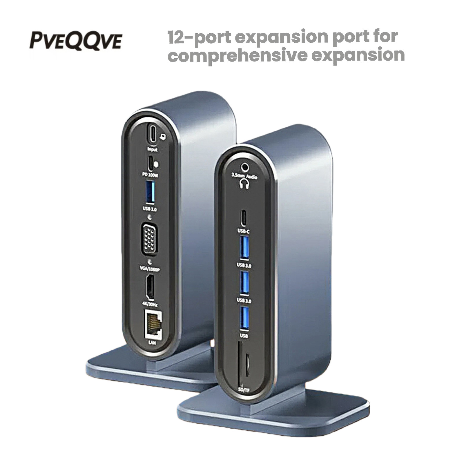 12-in-1 USB-C Vertical Docking Station & Hub | 4K HDMI,USB 3.0,SD/TF,VGA,100W PD