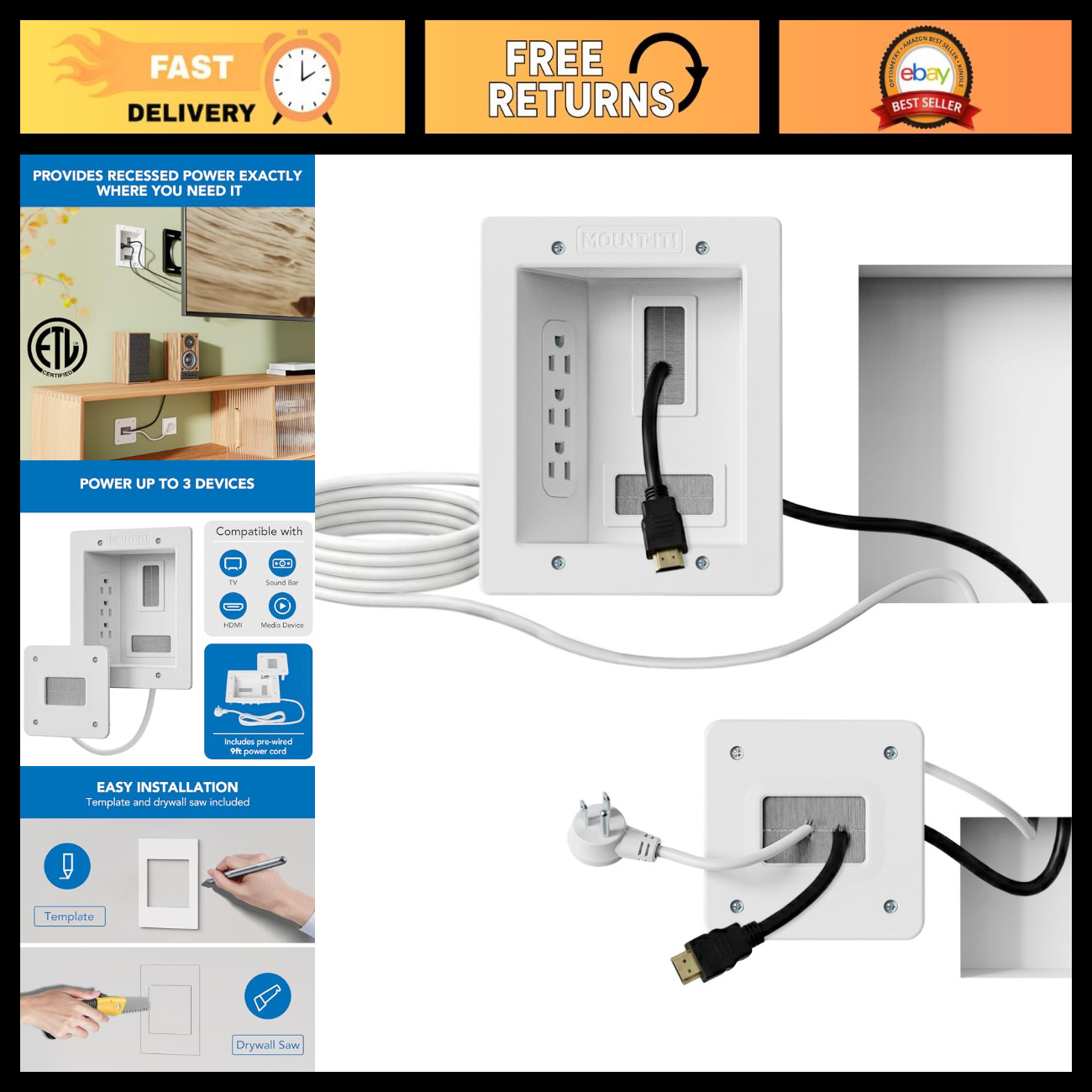 In-Wall TV Cable Concealer Kit - Recessed Power, Triple Outlet, 9ft Cord, Easy C