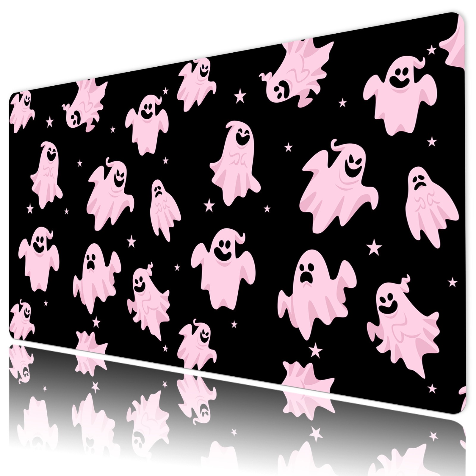 Cute Funny Pink Halloween Ghost Black Desk Mat for Keyboard and Mouse Desk Pad