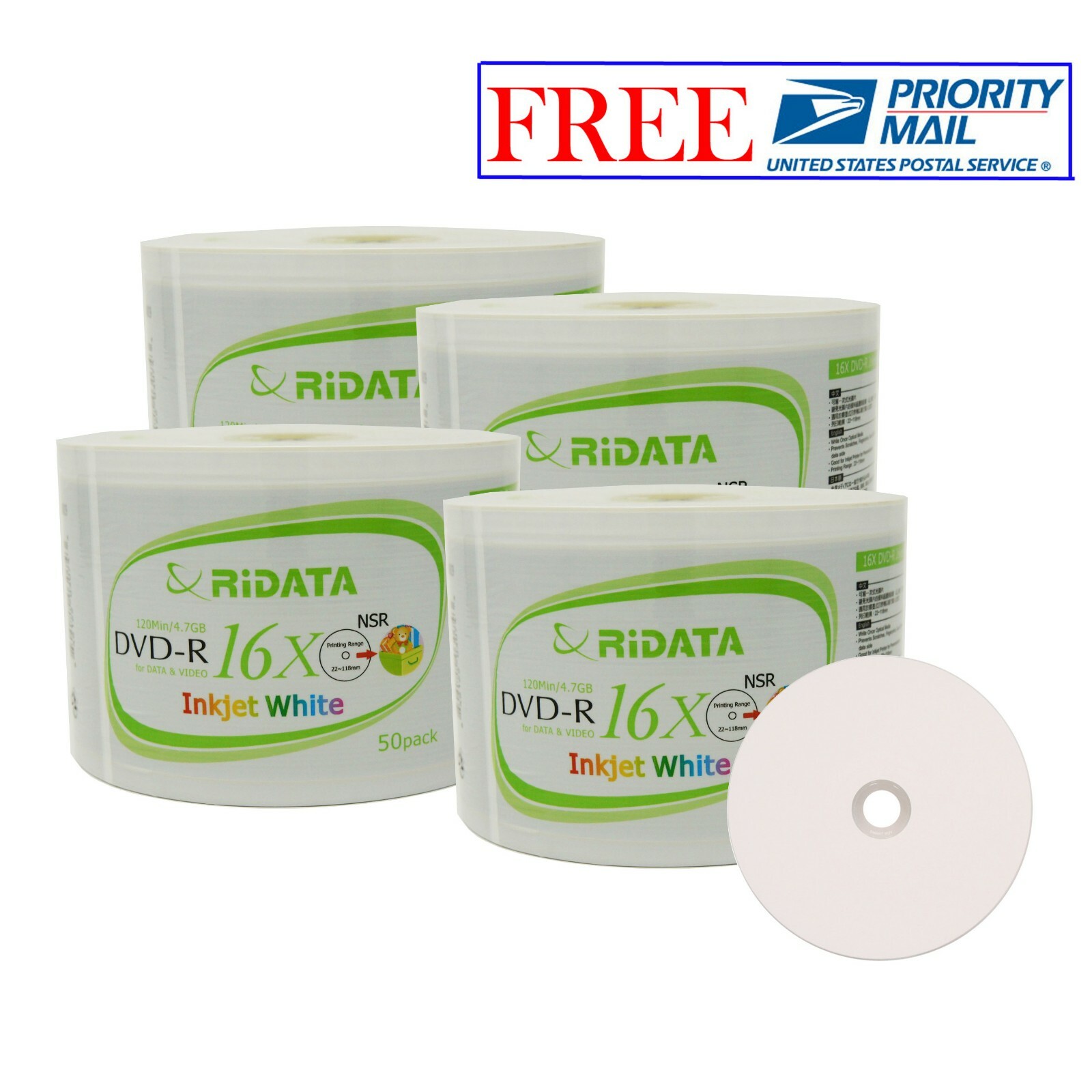 200 Pack Ridata DVD-R 16X 4.7GB White Inkjet Hub Printable Blank Recordable Disc