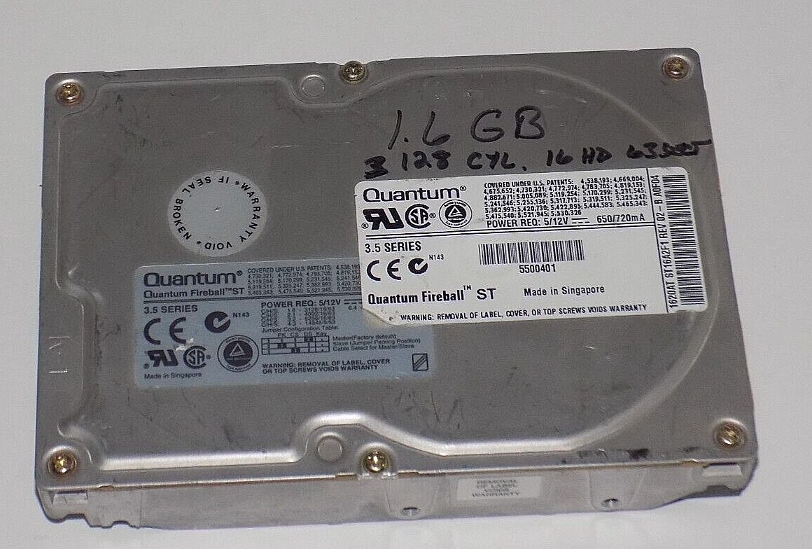 Quantum Fireball 1.6GB IDE 3.5" INTERNAL Hard Drive P/N: ST16A011ST