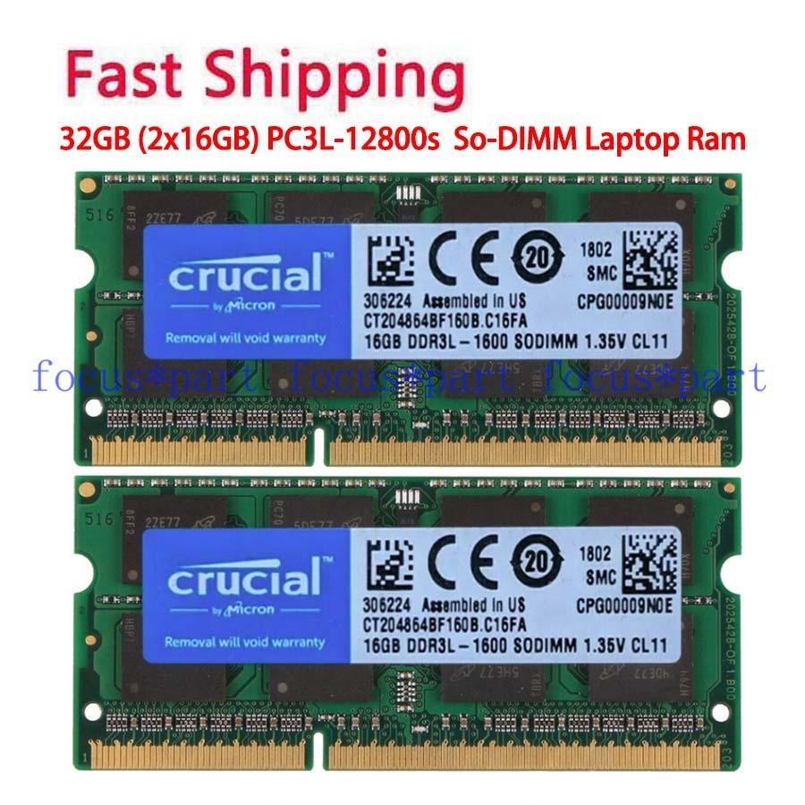 Crucial 32GB (2x 16GB) DDR3L 1600 MHz PC3L-12800S SO-DIMM Laptop Memory 204-PIN