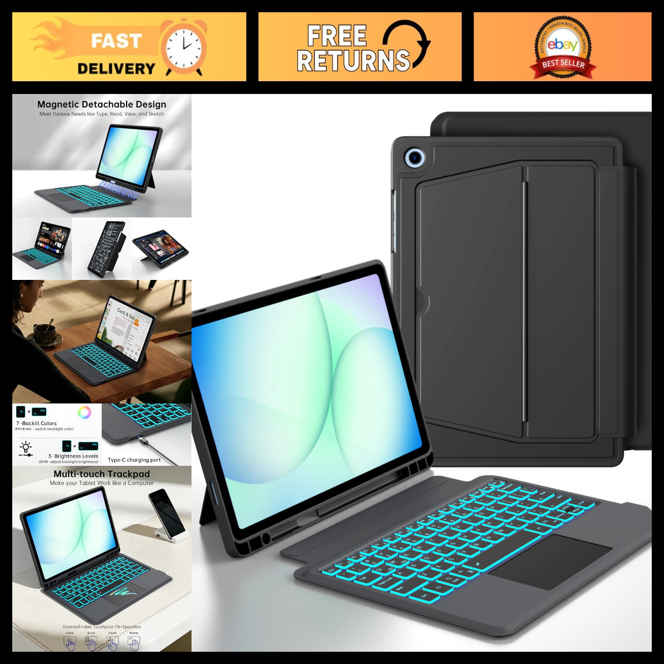Backlit Keyboard Case for Samsung Galaxy Tab A11+/A9+ Plus 11" - Wireless, Detac