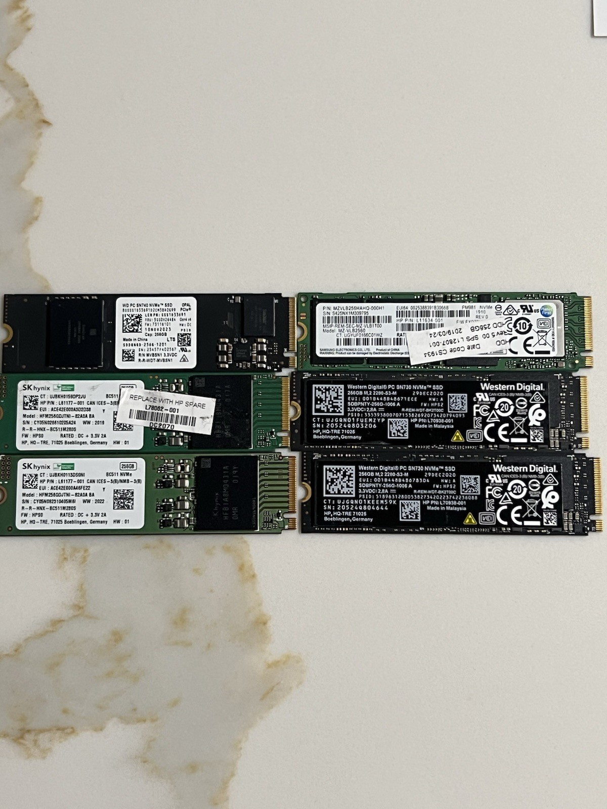 LOT OF 6 Mixed Major Brand 256GB NVMe PCIe Gen3 x4 M.2 2280 Solid State Drive