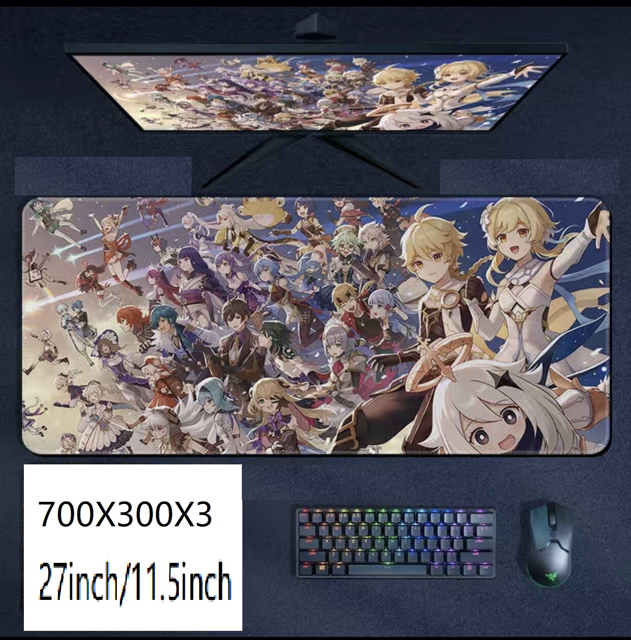 Genshin Impact Mouse Keyboard Pad.700MMx300MMx3MM 27inch/11.5inch.