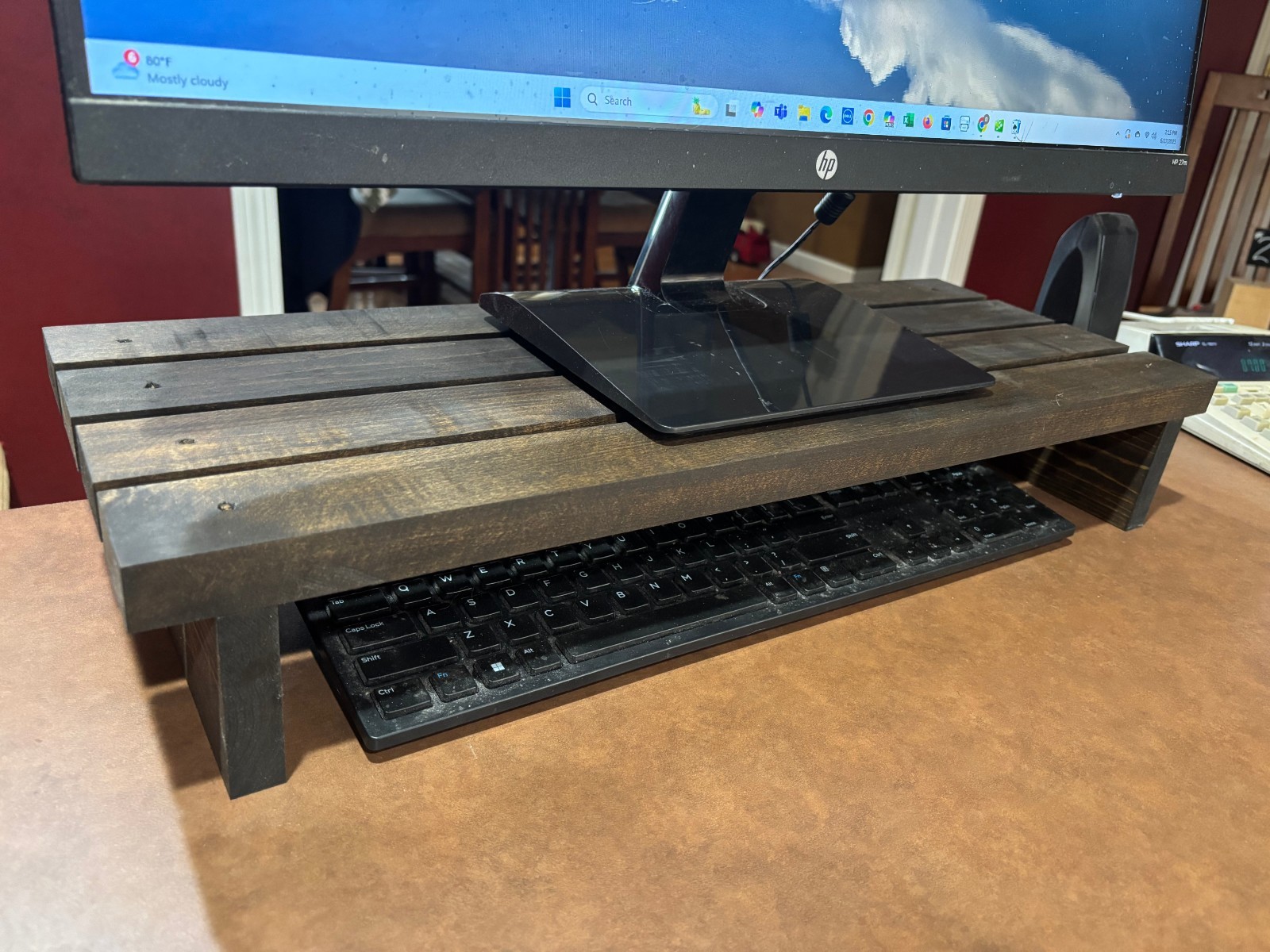 Rustic Wooden Monitor Stand 24" – Desk Riser with Keyboard Storage Shelf