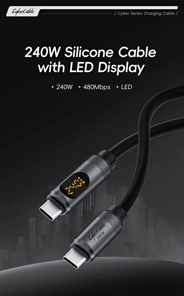 HAGiBiS 240W USB-C to USB-C Silicone Cable w/ LED Display, E-Marker 1m/2m
