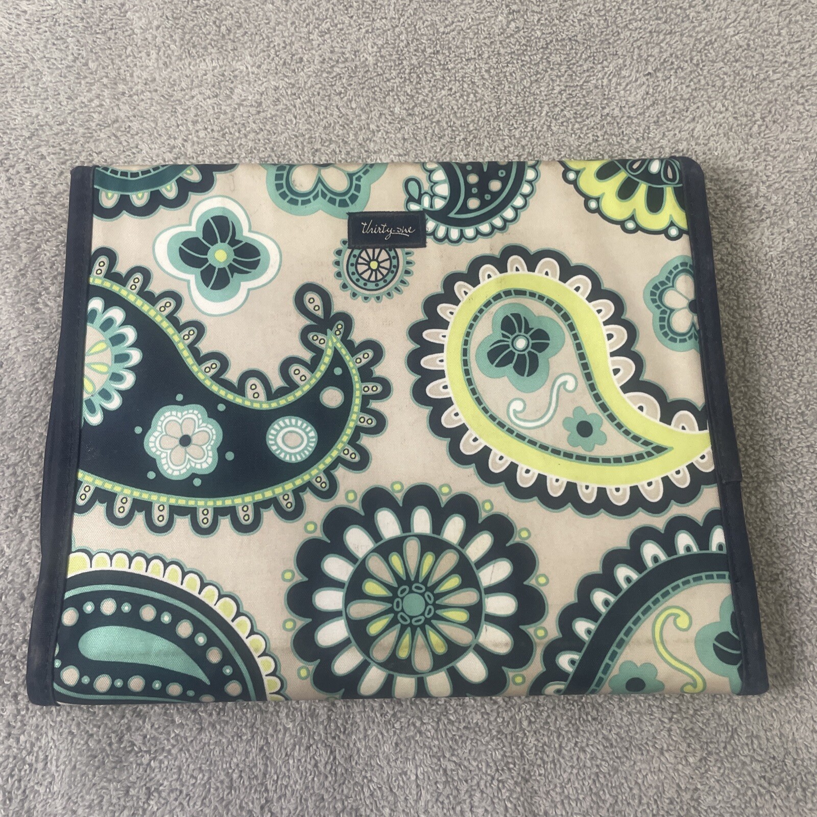 Thirty-One Organizer Tan Blue Paisley Tri-Fold I-Pad Tablet Portfolio Case