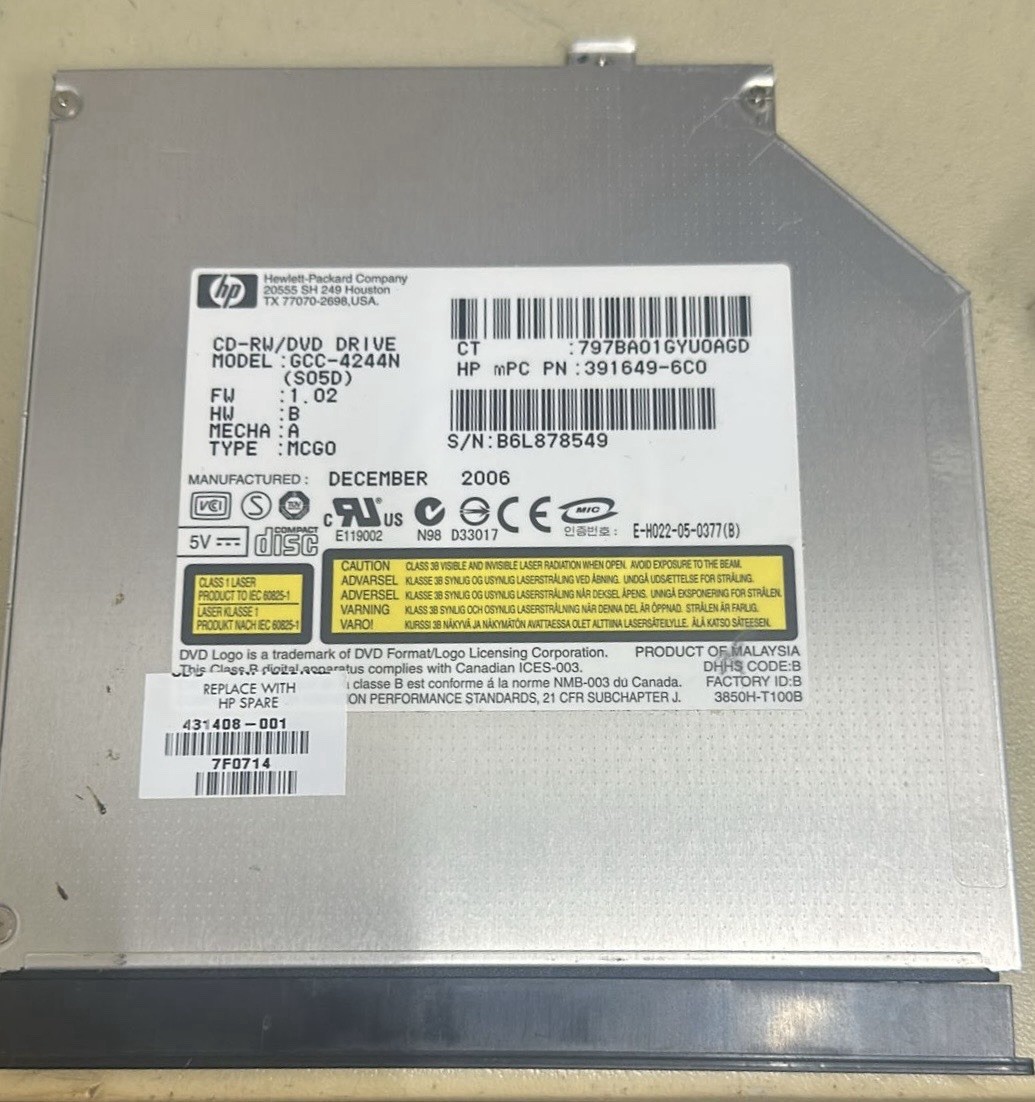 💻 HP 24X DVD-ROM/CD-RW Optical Drive w/Bezel (431408-001/GCC-4244N/391649-6C0)