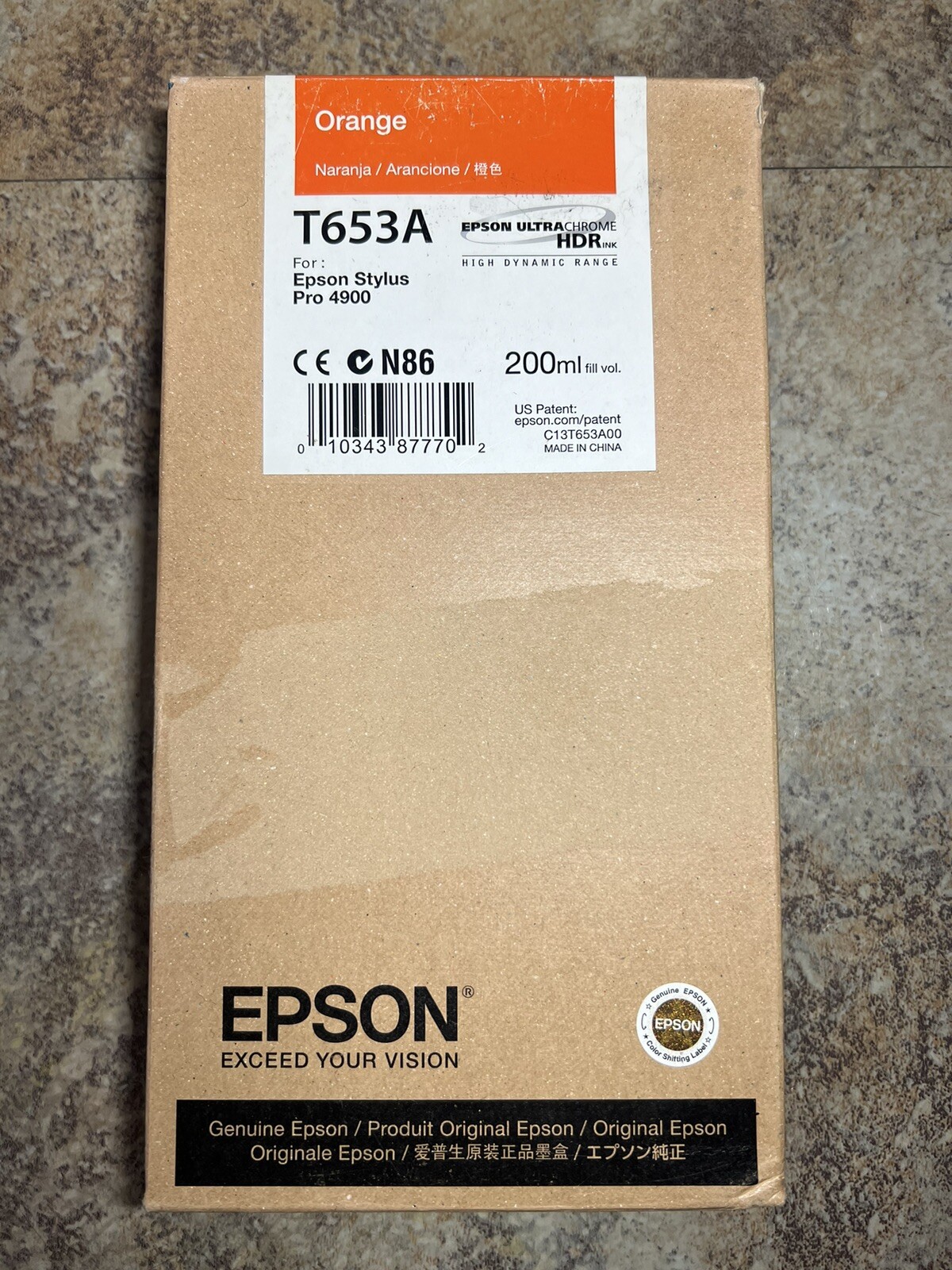 Genuine Epson Orange Ink Cartridge T653A Date: 02 2018 Sealed
