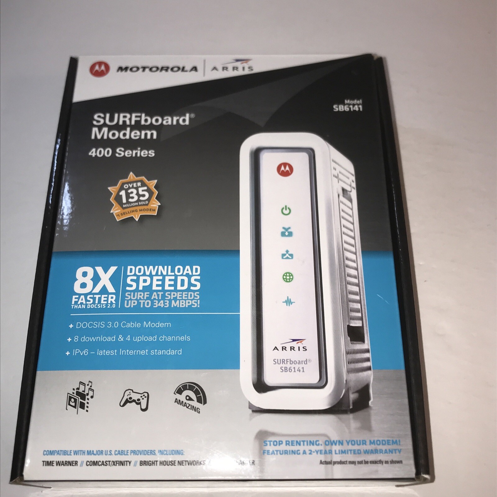 Motorola Arris SB6141 DOCSIS 3.0 Cable Modem SURFboard Power Cord Ethernet Cable
