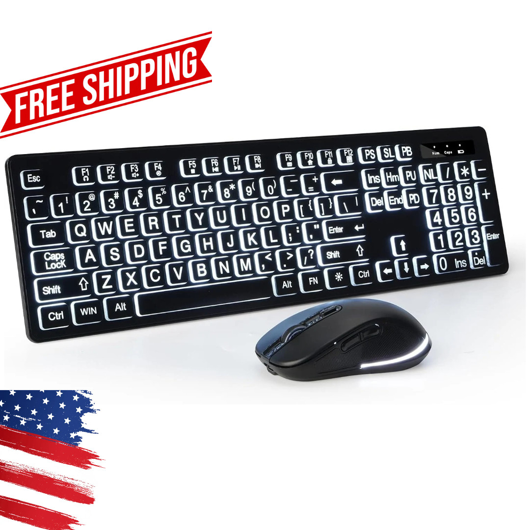 Large Print Backlit Wireless Keyboard and Mouse, 2.4G Full Size Keyboard and Mou