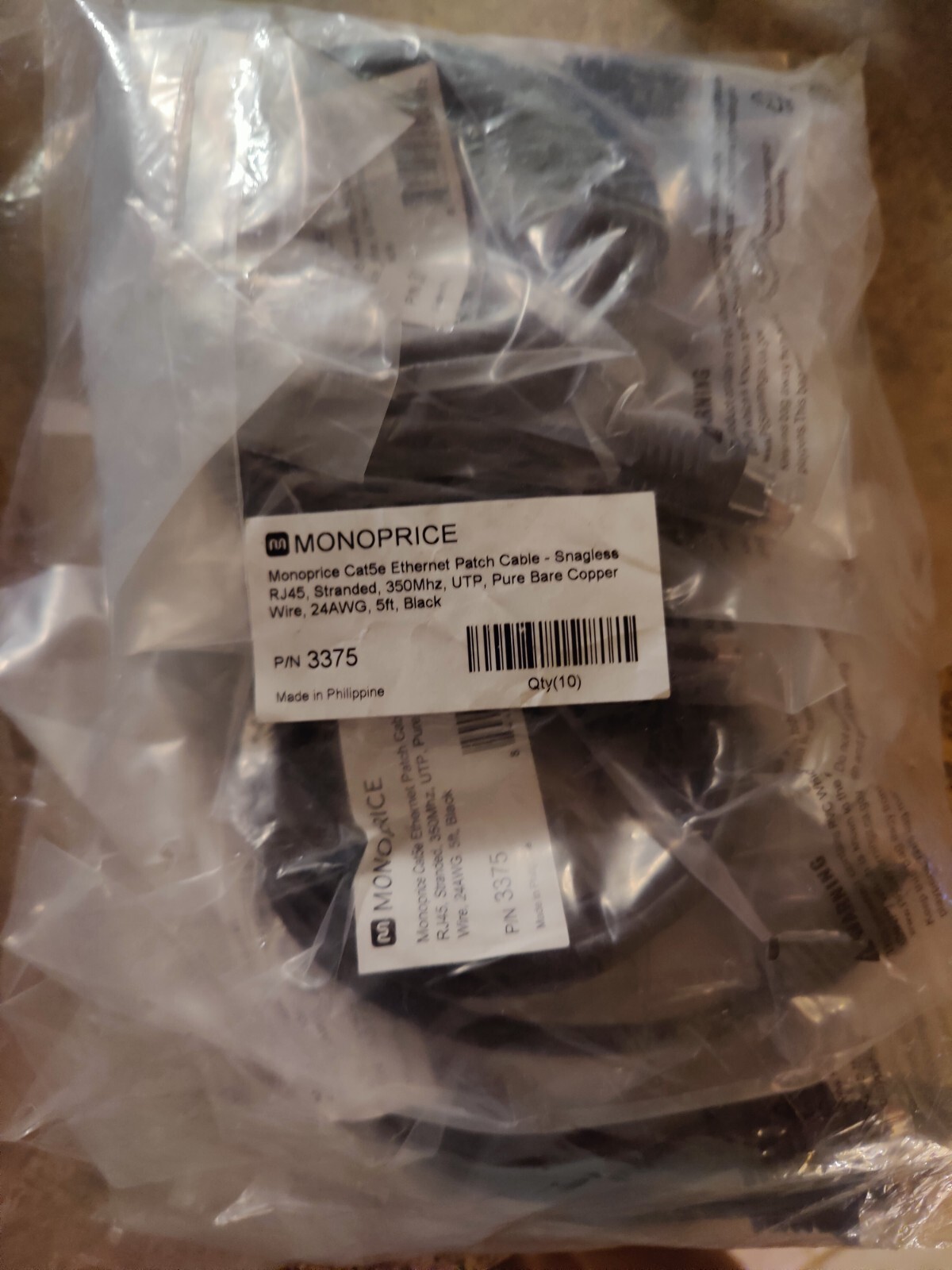 Lot of (10) 5ft Cat5e Monoprice Ethernet Patch Cables - 350MHz, 24 AWG, BLACK