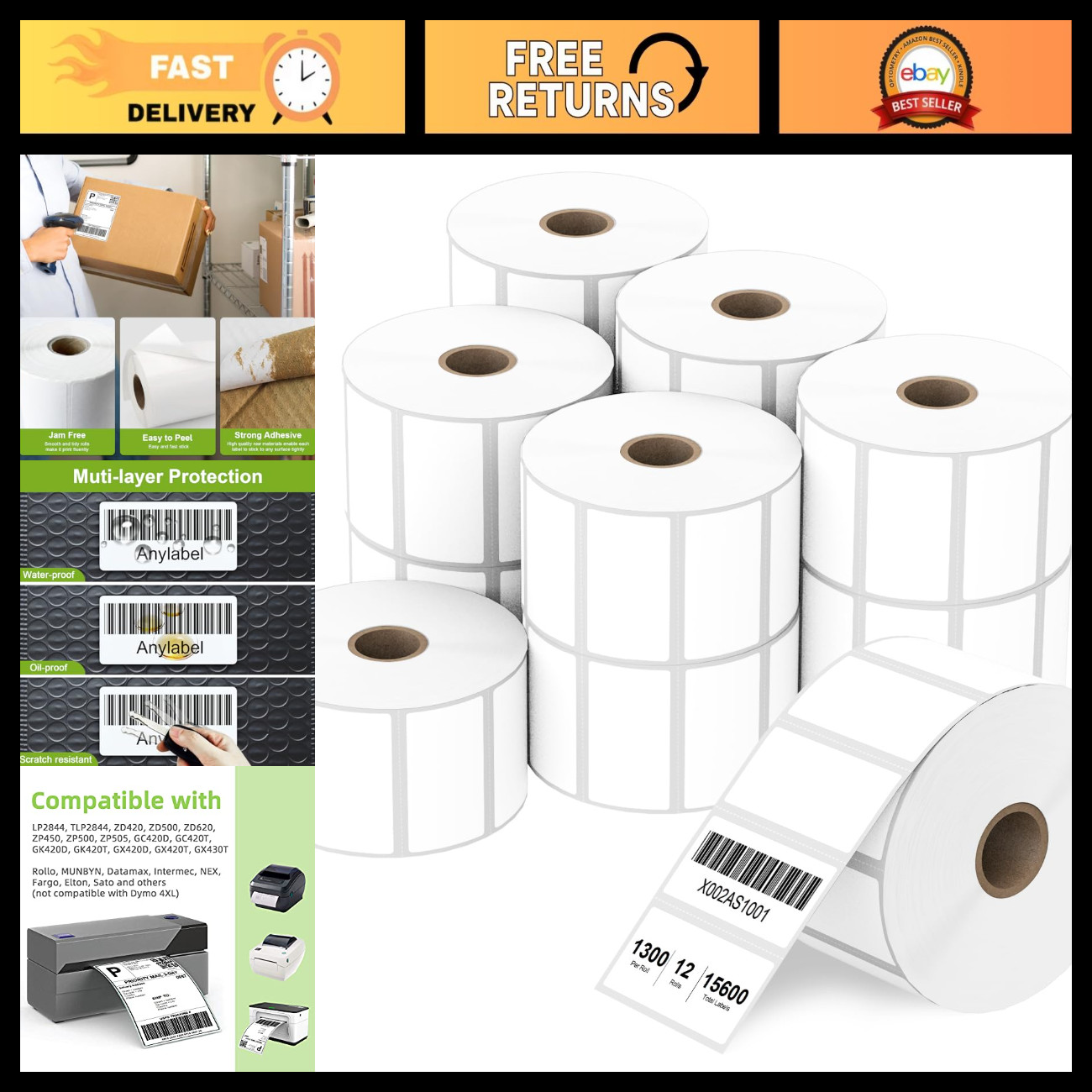 2" x 1" Direct Thermal Labels for Barcodes & Address - 12 Rolls, 1300 Labels/Rol