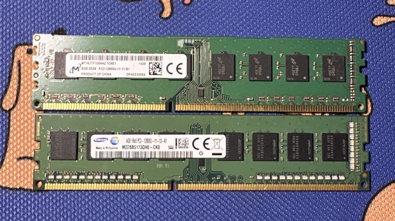 MICRON 8GB (1x8GB) 2RX8 PC3-12800U Desktop RAM + Samsung 4GB 1RX8 PC3-12800U