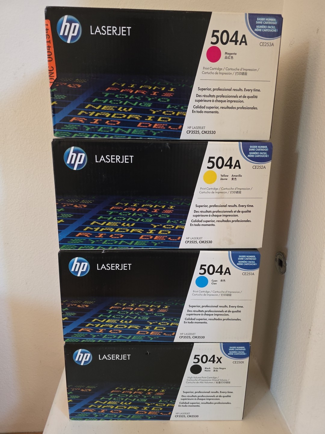 Genuine HP 504X and 504A Toner Set- Black, Cyan, Yellow,  & Magenta