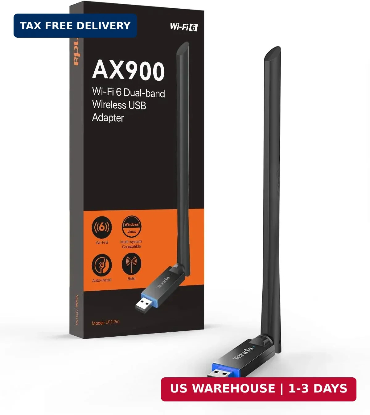 Tenda AX900 WiFi Adapter WiFi 6- Dual-Band 600Mbps 5GHz/ 286Mbps 2.4GHz, 6dBi Hi