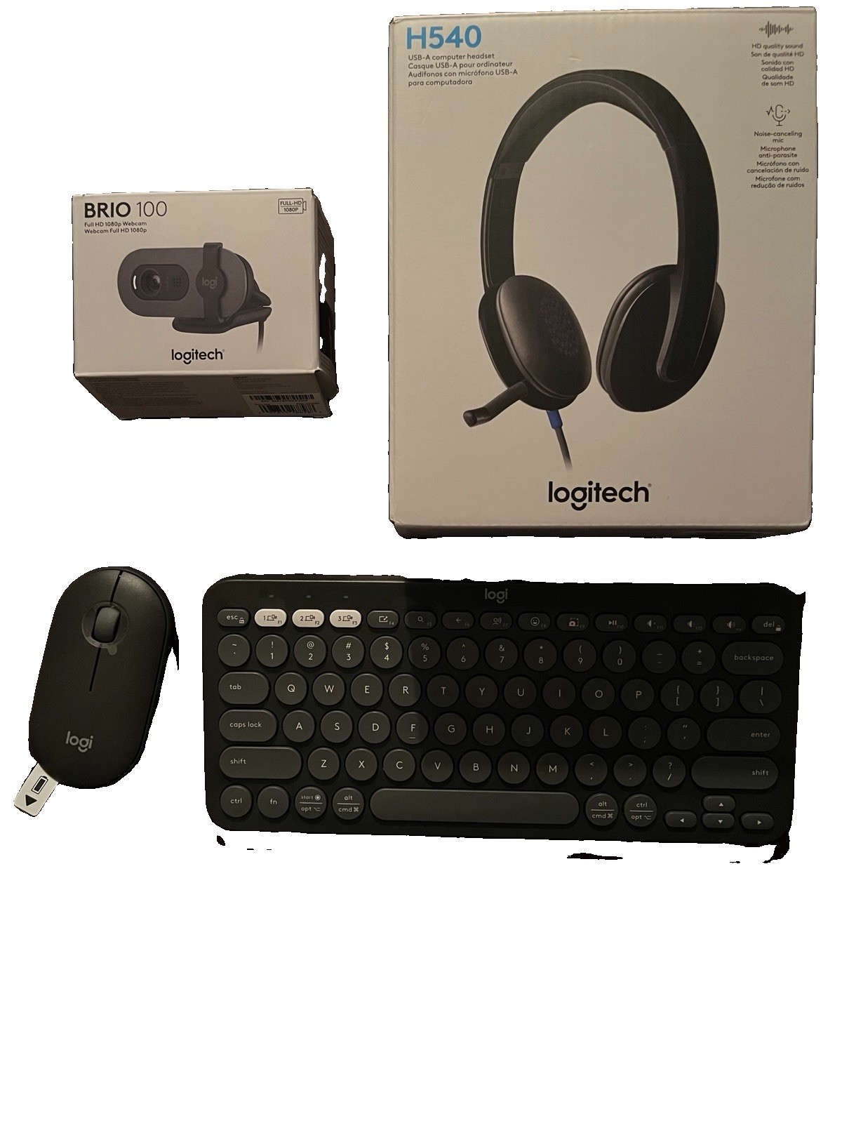 Logitech H540 USB Headset BRIO 100 Webcam Compact Keyboard Mouse Bundle