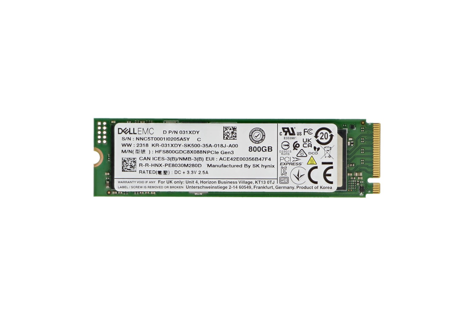 Dell 800GB PCIe NVMe M.2 2280 Gen3 New Pull SSD 31XDY | 1 Year Warranty
