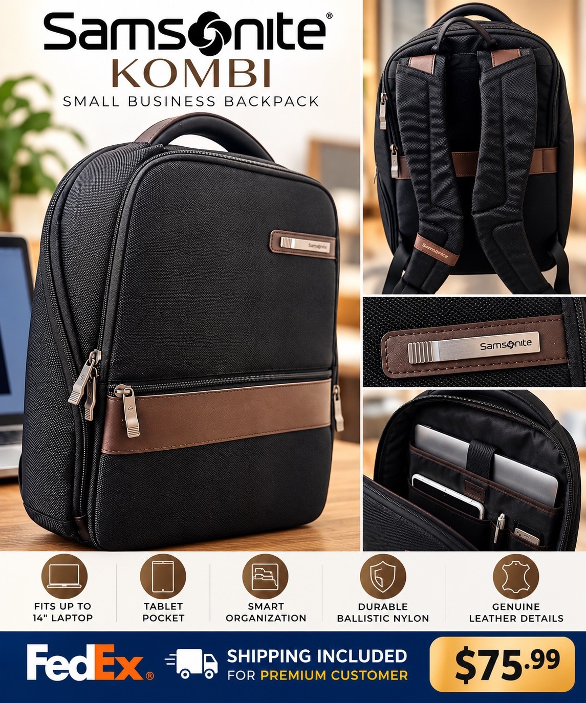 Samsonite Kombi Backpack Fits 14 in Laptop Nylon Padded Solid Black/Brown