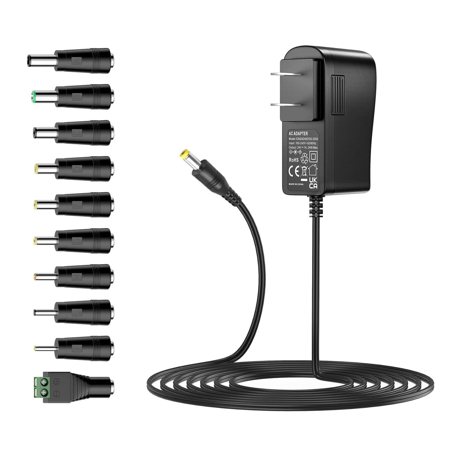 Basicvolt 24V 1A Power Supply DC Cord 24 Volt 1 Amp 1A, Black 