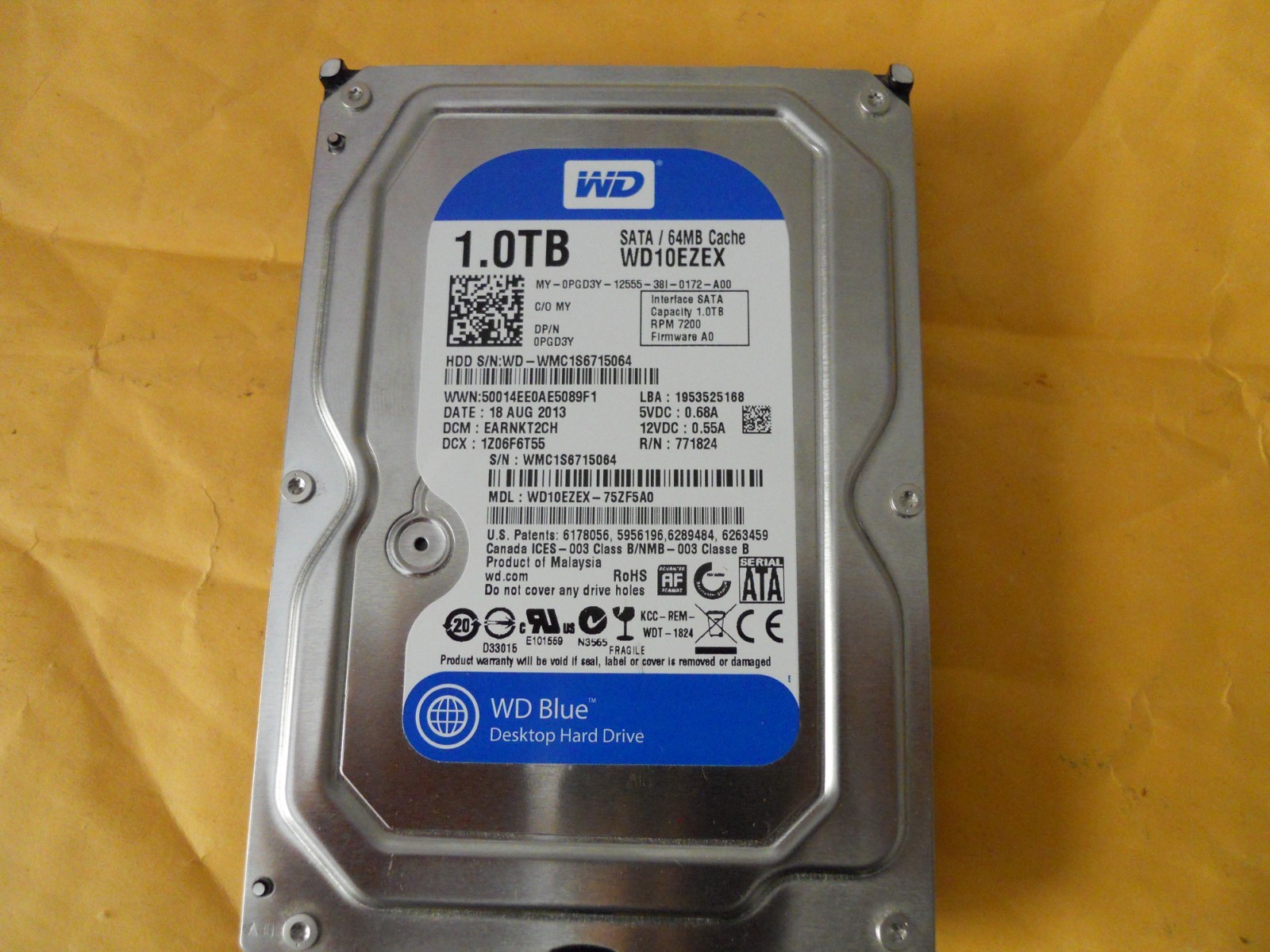 Western Digital SATA Hard Drive 1.0TB 64MB 7200RPM Model WD10EZEX -Test Formated