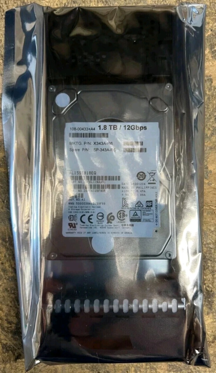NetApp X343A-R6 1.8T 10K 12Gbps SAS 2.5" HDD Hard Drive 108-00433 DS224C