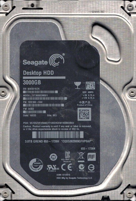 ST3000DM001 P/N: 1ER166-044 F/W: AQ03 WU WA50 MAC 655-1726H Seagate 3TB