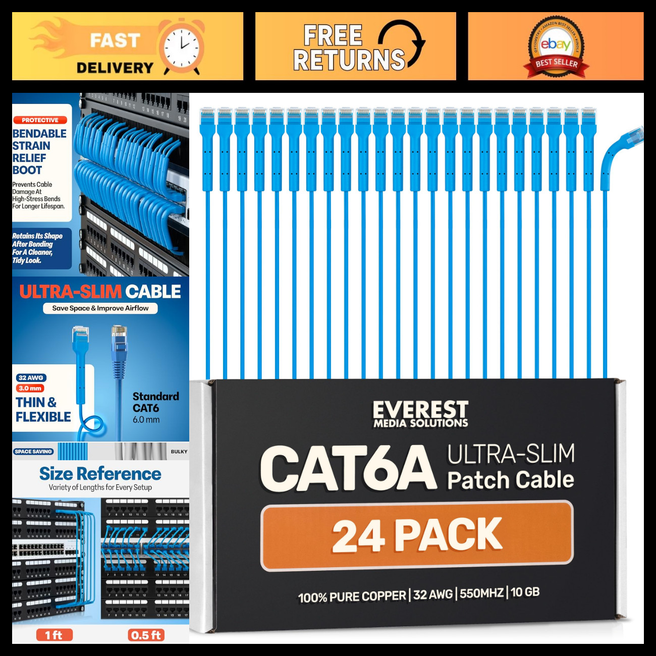 Ultra Slim Cat6a Ethernet Patch Cables 0.5ft - 24-Pack, Blue, High-Speed Network