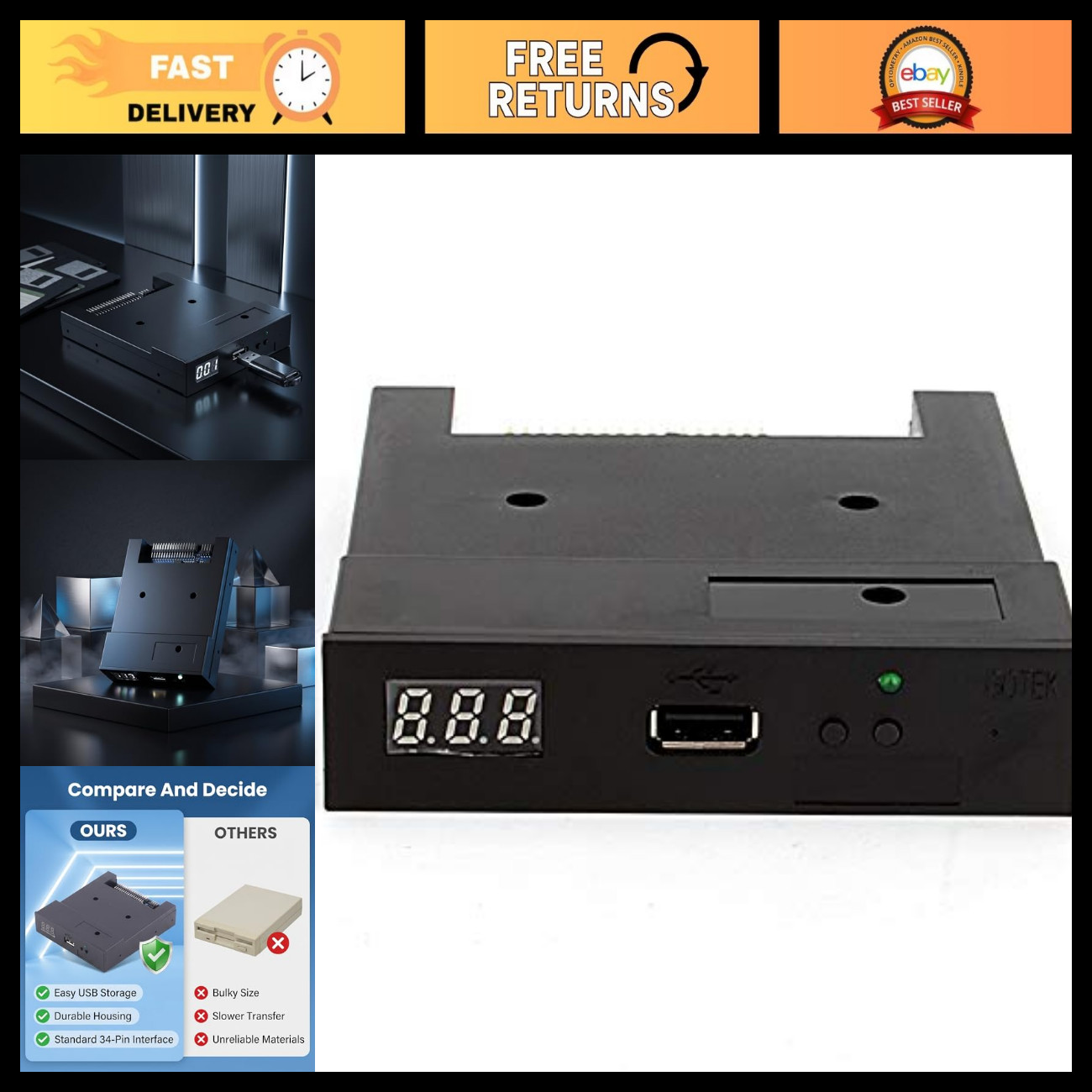 3.5" USB Floppy Drive Emulator - 1.44MB Flash Disk Replacement for Vintage PCs