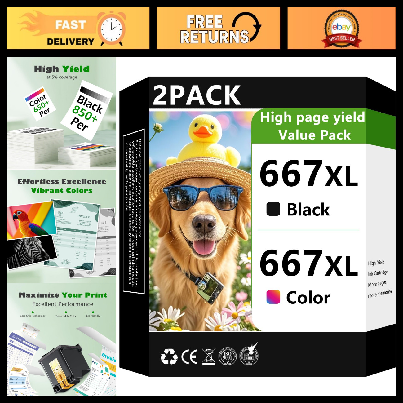667XL Black & Color Ink Cartridge Combo Pack for HP DeskJet 1275 2374 2375 Print