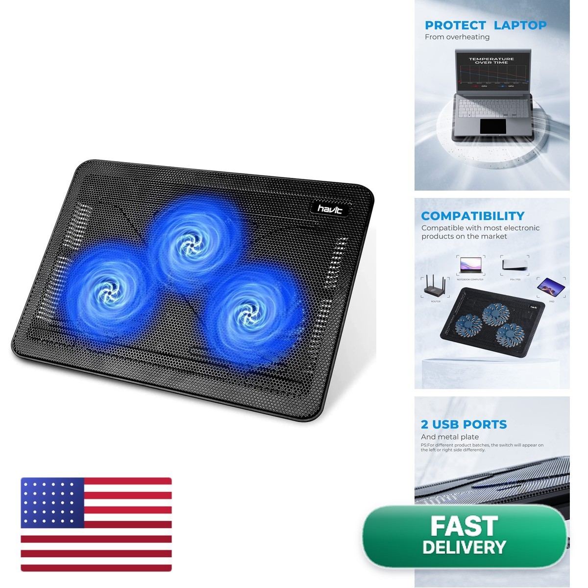 Havit HV-F2056 15.6-17" Laptop Cooling Pad USB 3 Fans Black/Blue