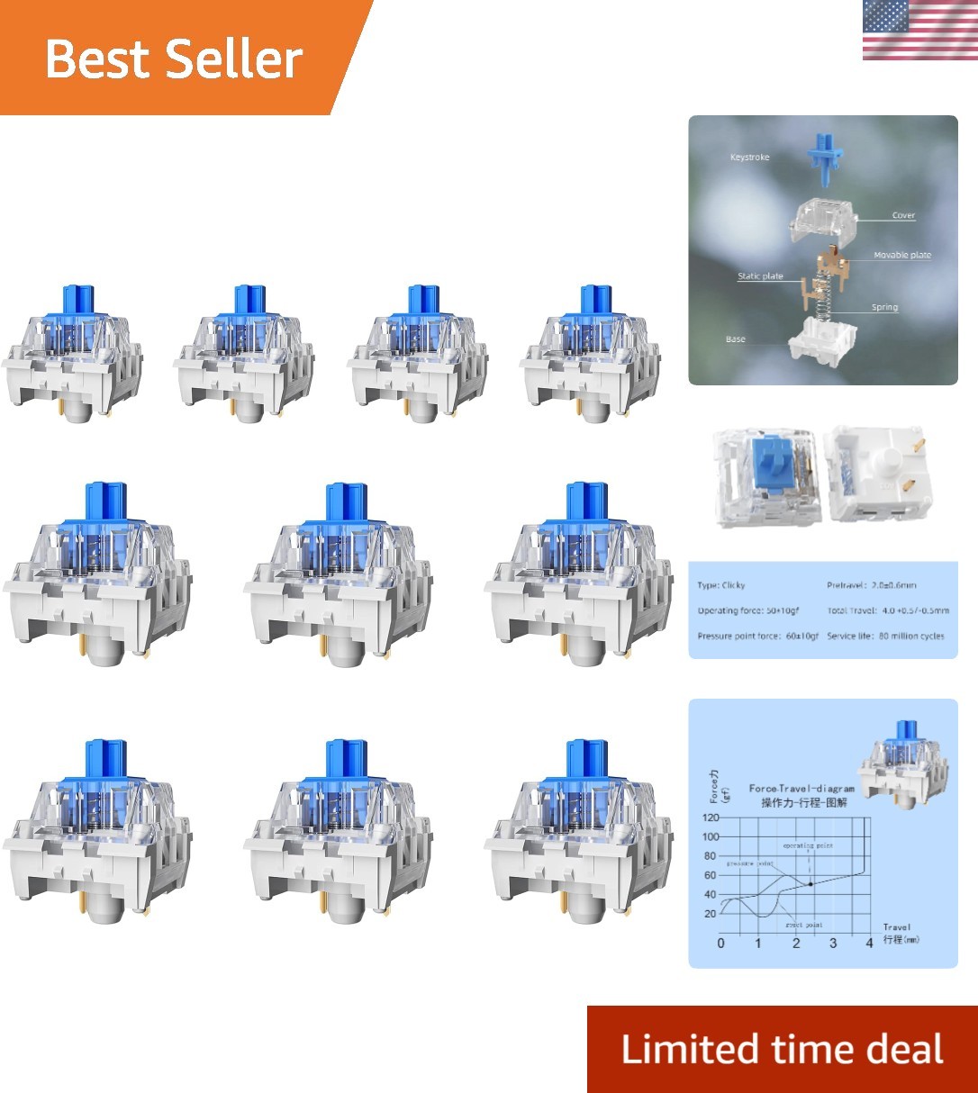 10PCS Blue Click Switch,Clicker for 3D Prints 、Gaming Keyboards.