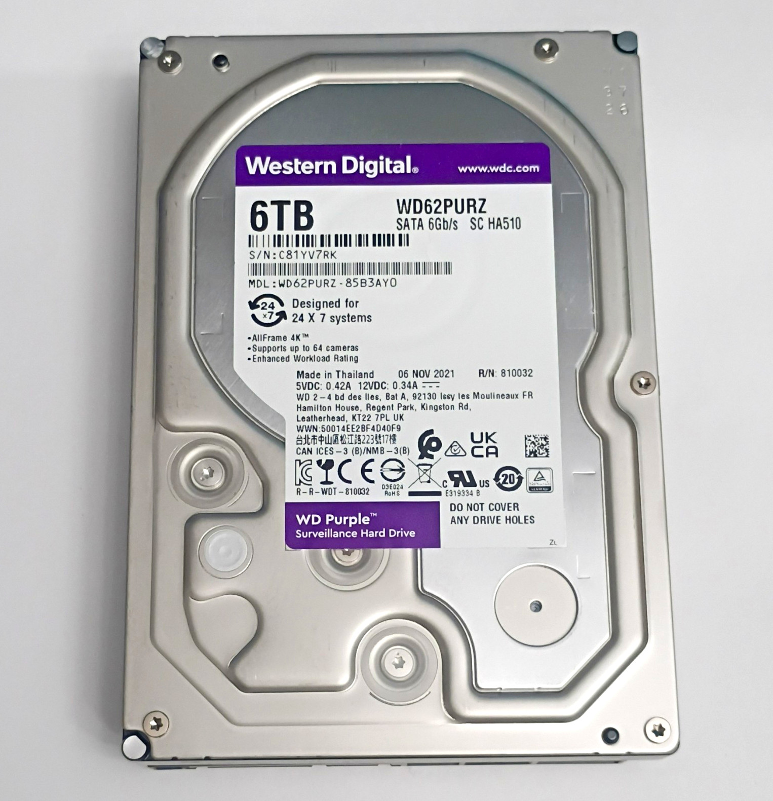 Western Digital WD Purple 6TB 3.5in SATA 6Gb/s HDD AllFrame 4K WD62PURZ