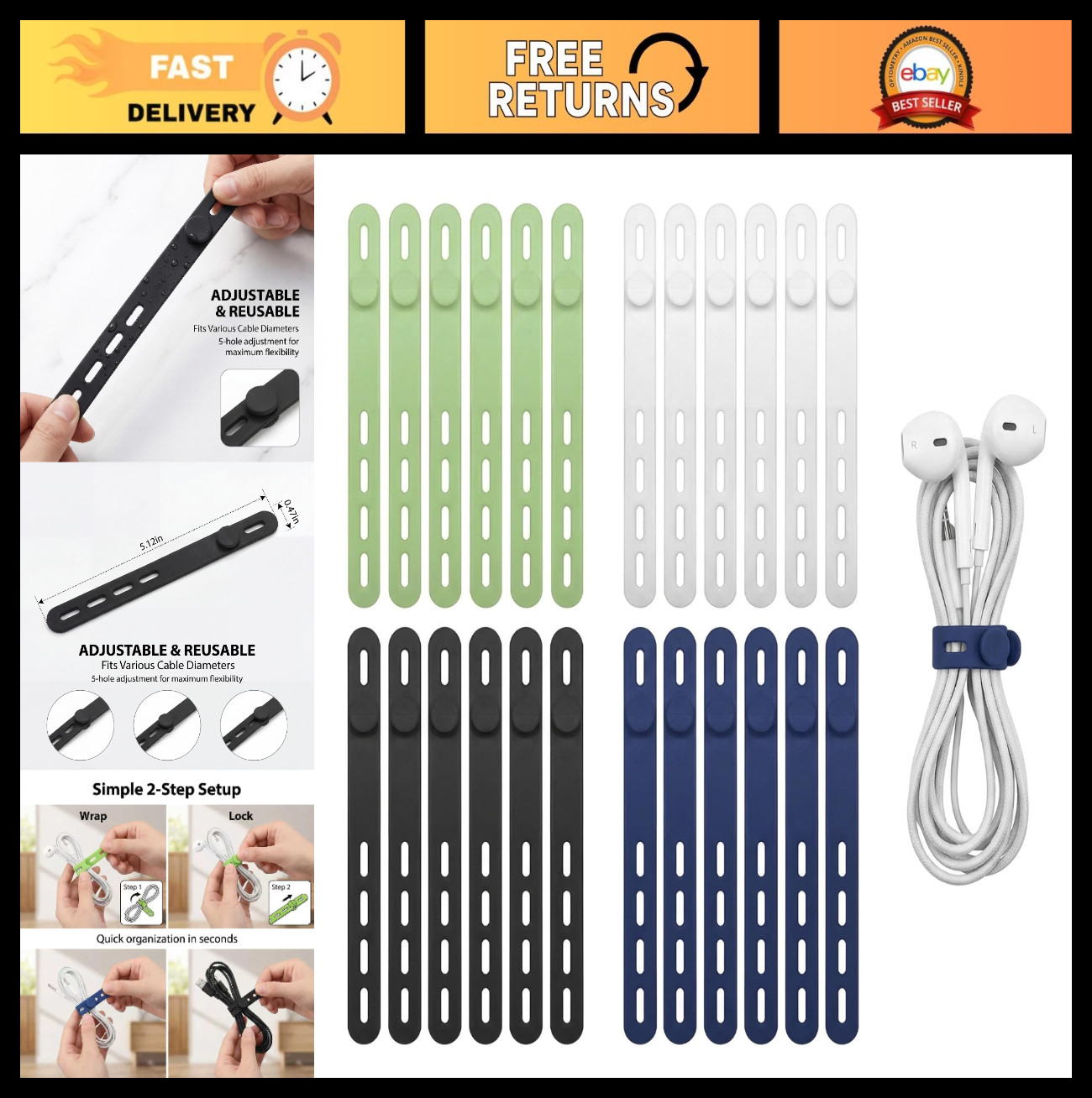 24Pcs Reusable Silicone Cable Ties - Wire Organizer for Chargers, Cords & More